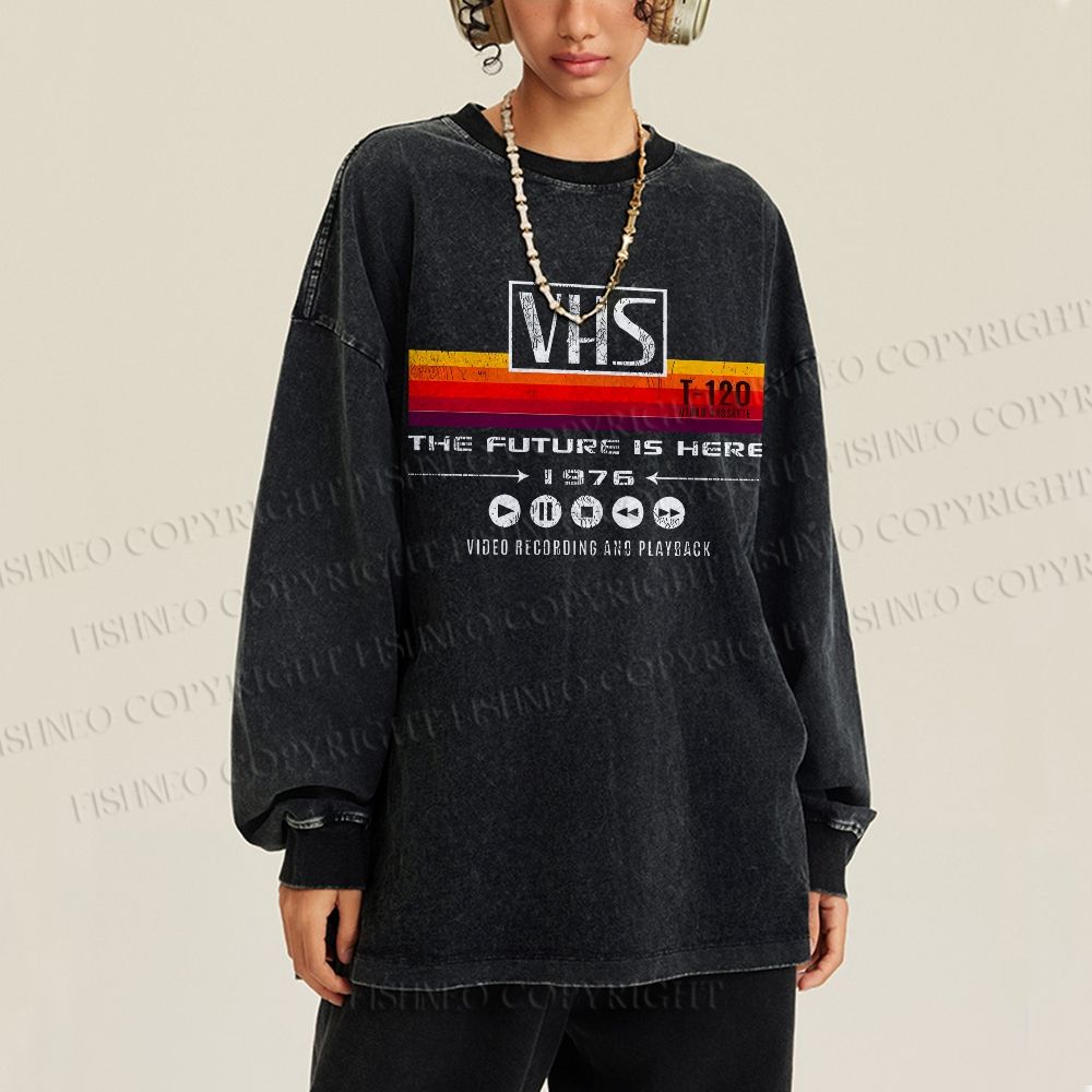 Unisex Casual Washed VHS Vintage Printed Long Sleeve T-shirt