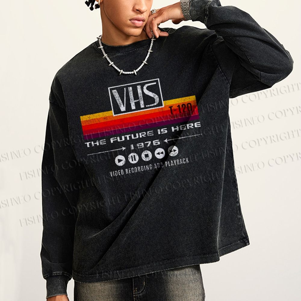 Unisex Casual Washed VHS Vintage Printed Long Sleeve T-shirt