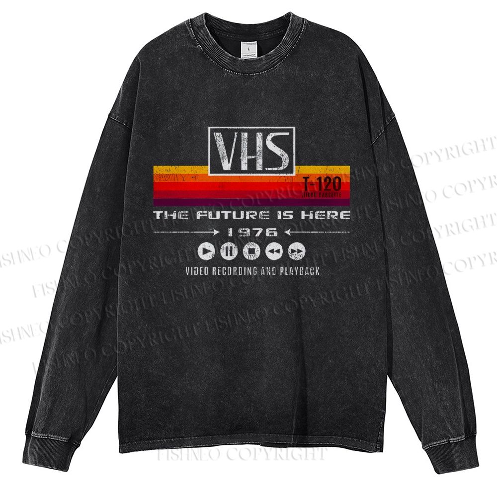 Unisex Casual Washed VHS Vintage Printed Long Sleeve T-shirt