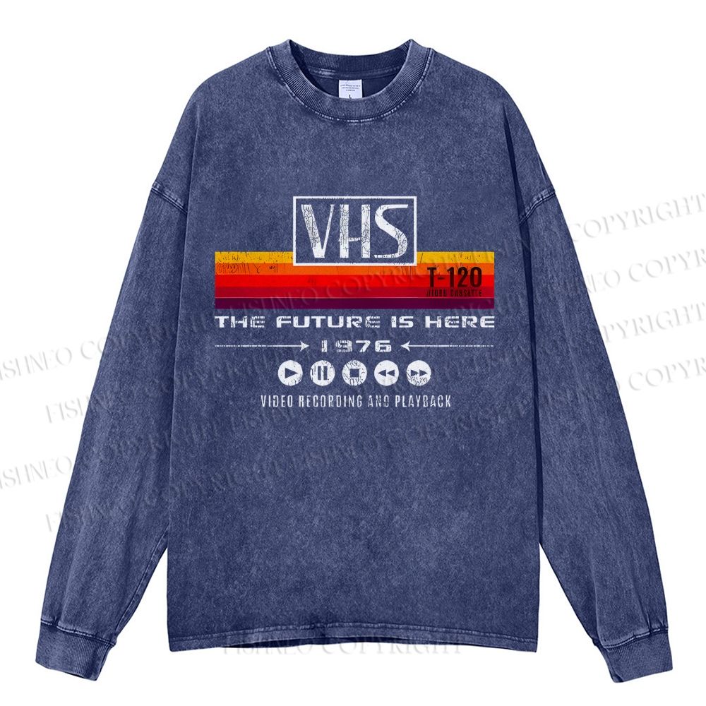 Unisex Casual Washed VHS Vintage Printed Long Sleeve T-shirt