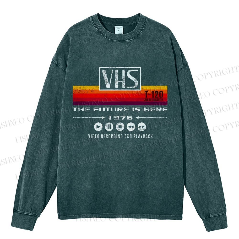 Unisex Casual Washed VHS Vintage Printed Long Sleeve T-shirt