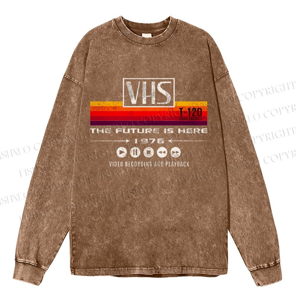 Unisex Casual Washed VHS Vintage Printed Long Sleeve T-shirt