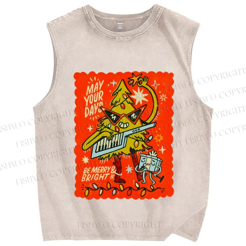 Unisex Musical Christmas Tree Light Printed Washed Tank Top