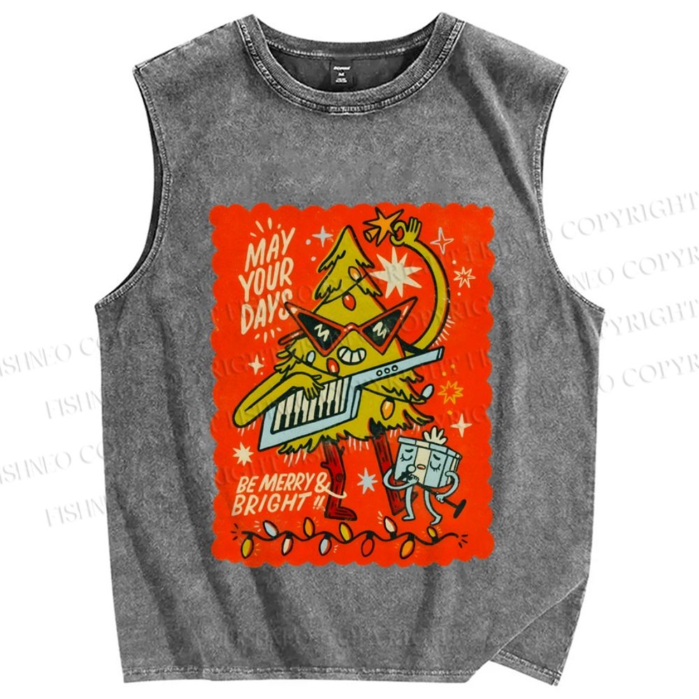 Unisex Musical Christmas Tree Light Printed Washed Tank Top