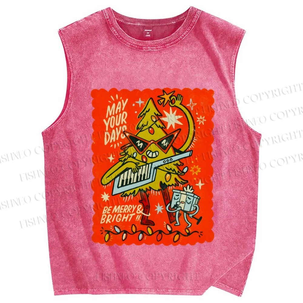 Unisex Musical Christmas Tree Light Printed Washed Tank Top