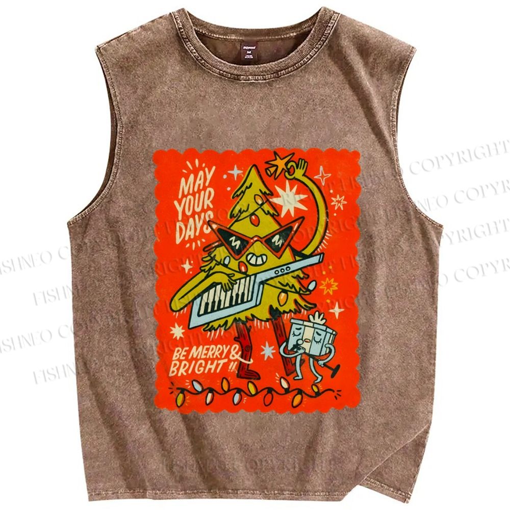 Unisex Musical Christmas Tree Light Printed Washed Tank Top