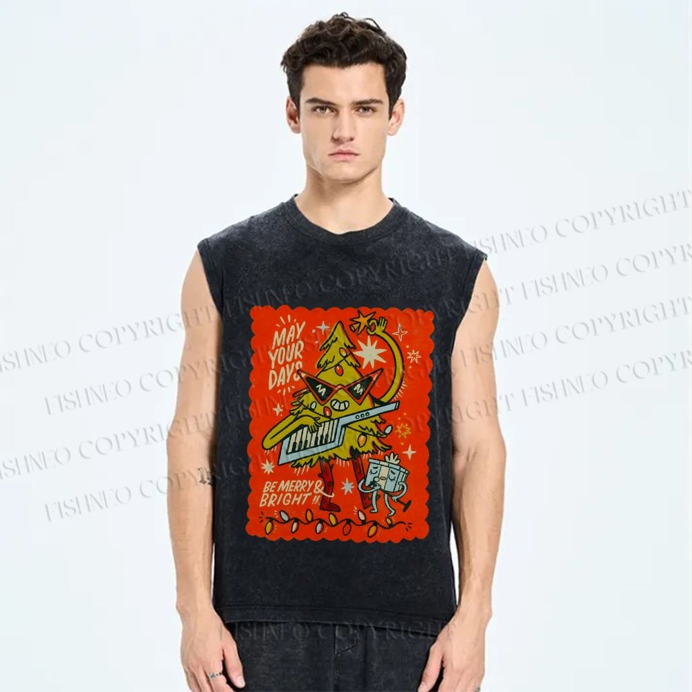 Unisex Musical Christmas Tree Light Printed Washed Tank Top