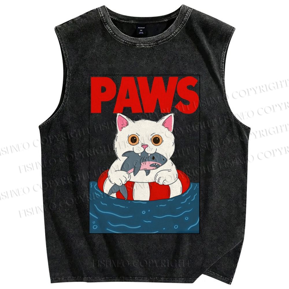 Unisex Cat With Shark Paws Printed Washed Tank Top