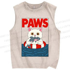 Unisex Cat With Shark Paws Printed Washed Tank Top