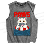 Unisex Cat With Shark Paws Printed Washed Tank Top