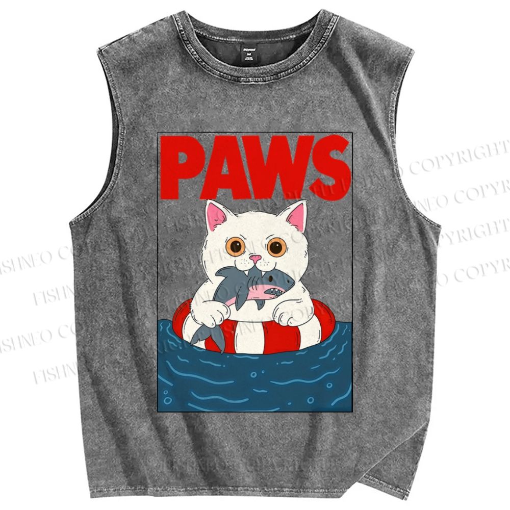 Unisex Cat With Shark Paws Printed Washed Tank Top