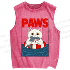 Unisex Cat With Shark Paws Printed Washed Tank Top