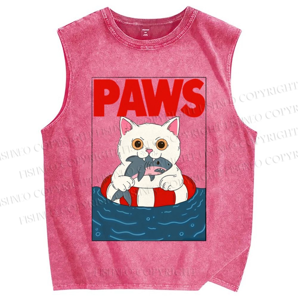 Unisex Cat With Shark Paws Printed Washed Tank Top