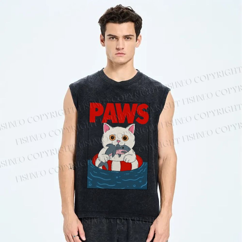 Unisex Cat With Shark Paws Printed Washed Tank Top