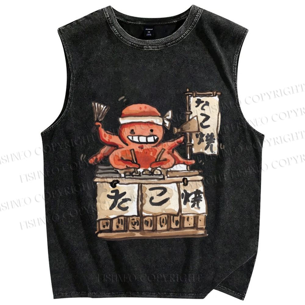 Unisex Vintage Octopus Japanese Graffiti Printed Washed Tank Top