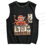 Unisex Vintage Octopus Japanese Graffiti Printed Washed Tank Top