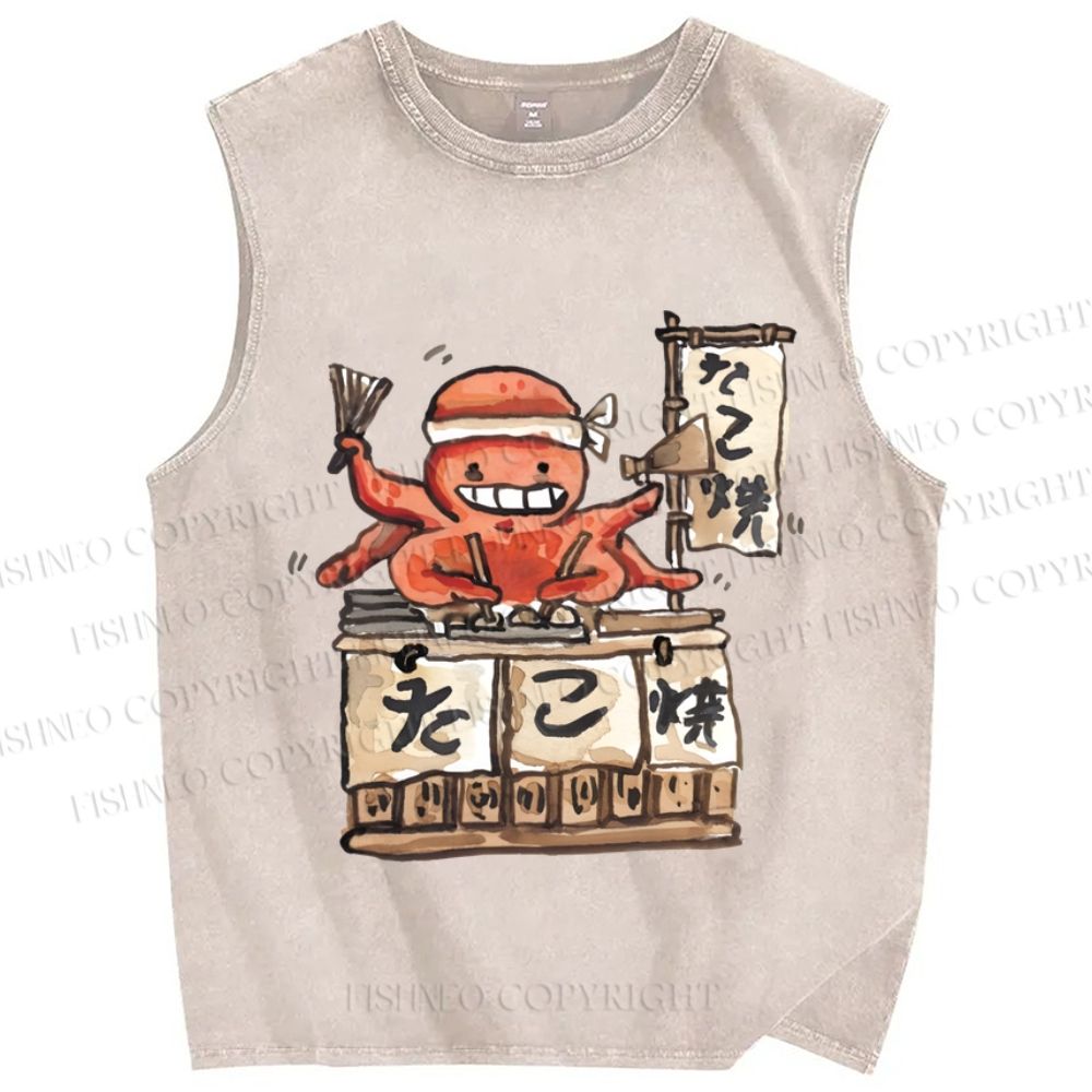 Unisex Vintage Octopus Japanese Graffiti Printed Washed Tank Top