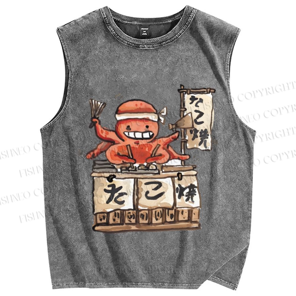 Unisex Vintage Octopus Japanese Graffiti Printed Washed Tank Top