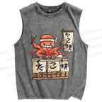 Unisex Vintage Octopus Japanese Graffiti Printed Washed Tank Top