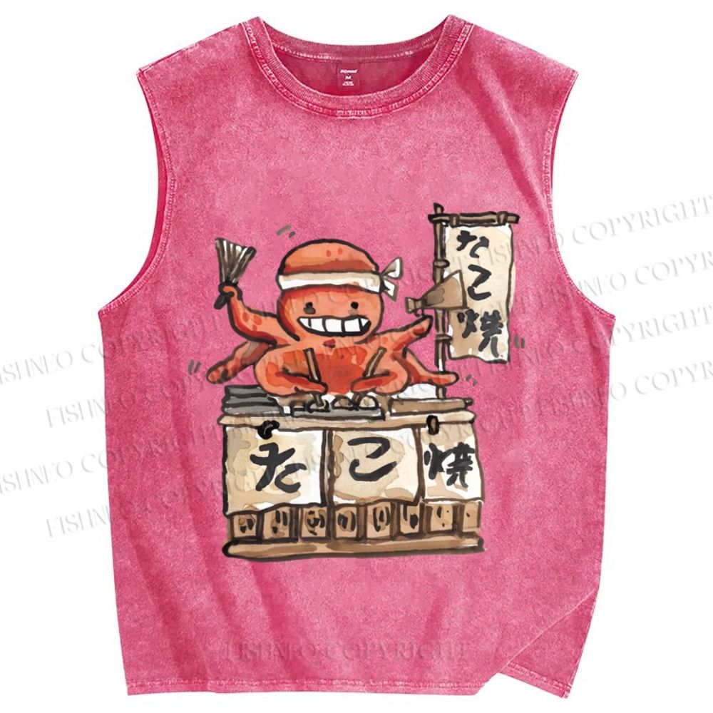 Unisex Vintage Octopus Japanese Graffiti Printed Washed Tank Top