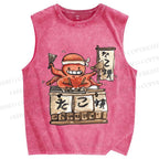 Unisex Vintage Octopus Japanese Graffiti Printed Washed Tank Top