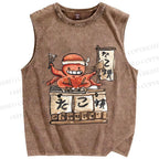 Unisex Vintage Octopus Japanese Graffiti Printed Washed Tank Top
