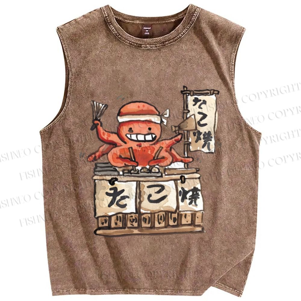 Unisex Vintage Octopus Japanese Graffiti Printed Washed Tank Top