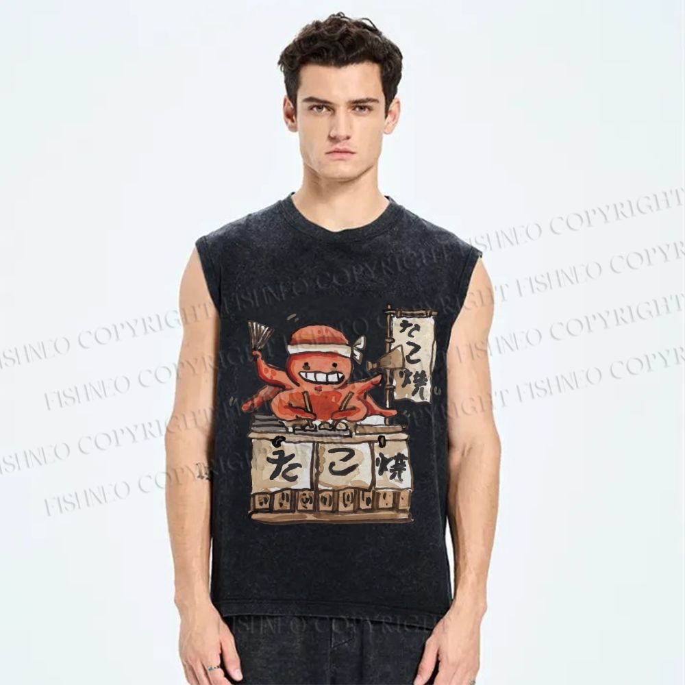 Unisex Vintage Octopus Japanese Graffiti Printed Washed Tank Top