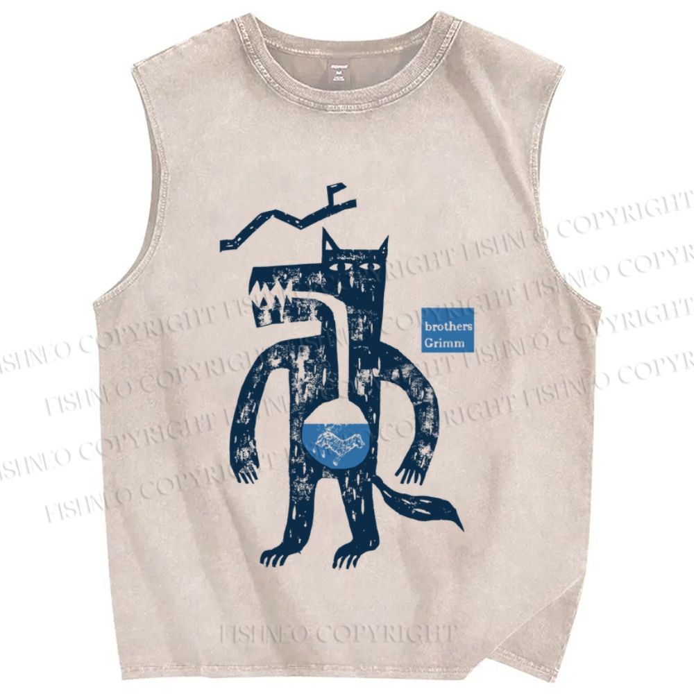 Unisex Grimm Brothers Vintage Wolf Ate Sheep Printed Washed Tank Top