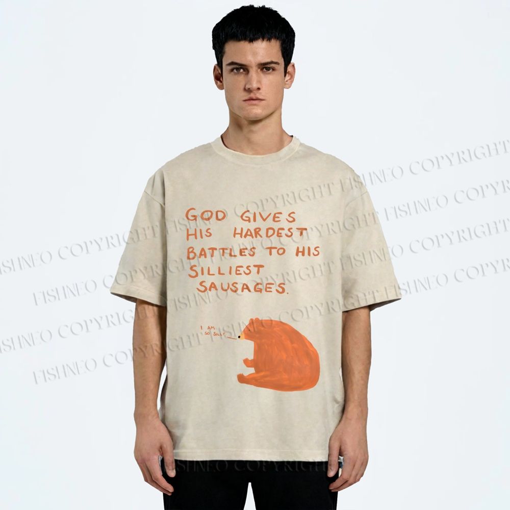 Unisex Silly Bear God Gives Hardest Battles To Him Printed Washed Tee