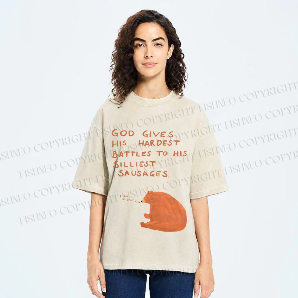Unisex Silly Bear God Gives Hardest Battles To Him Printed Washed Tee