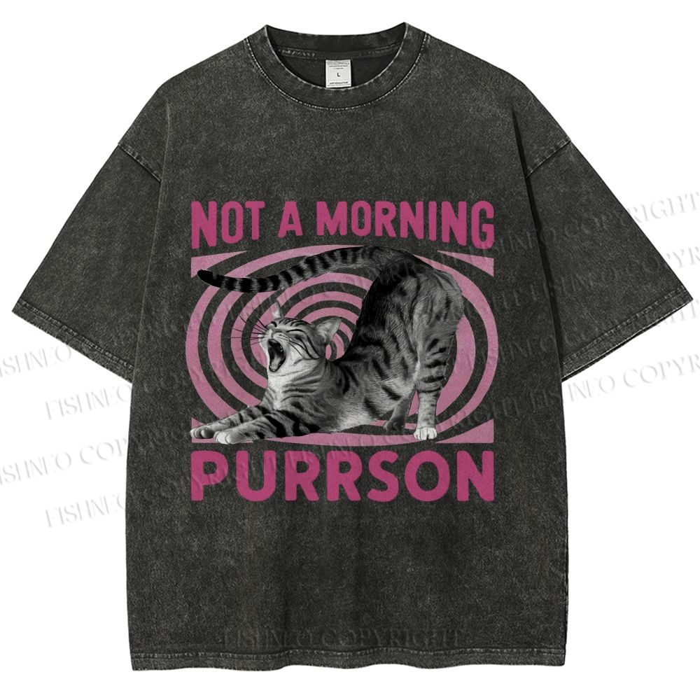 Unisex Lazy Cat Not A Morning Purrson Printed Washed Tee