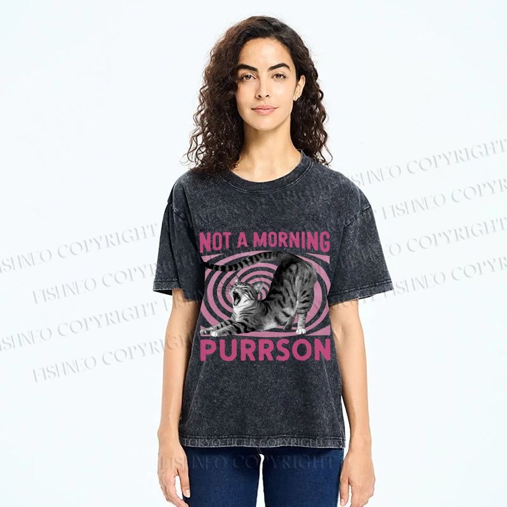 Unisex Lazy Cat Not A Morning Purrson Printed Washed Tee