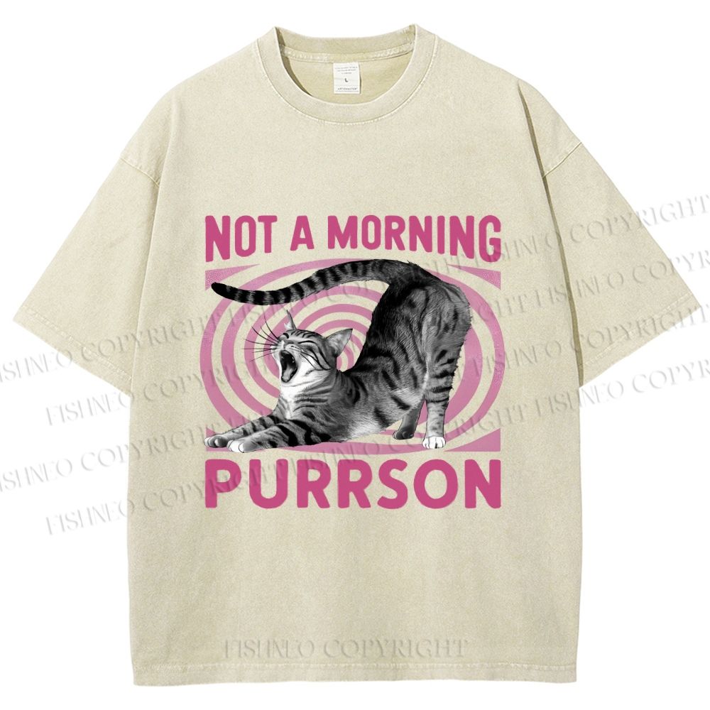 Unisex Lazy Cat Not A Morning Purrson Printed Washed Tee