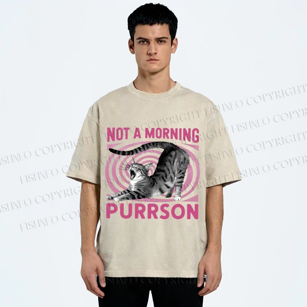 Unisex Lazy Cat Not A Morning Purrson Printed Washed Tee