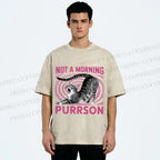 Unisex Lazy Cat Not A Morning Purrson Printed Washed Tee