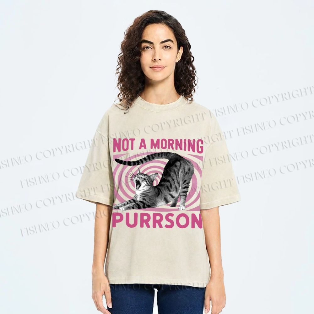Unisex Lazy Cat Not A Morning Purrson Printed Washed Tee