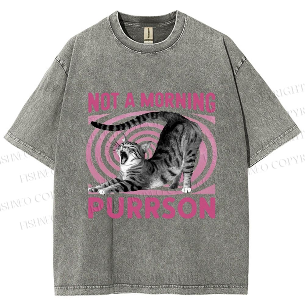 Unisex Lazy Cat Not A Morning Purrson Printed Washed Tee