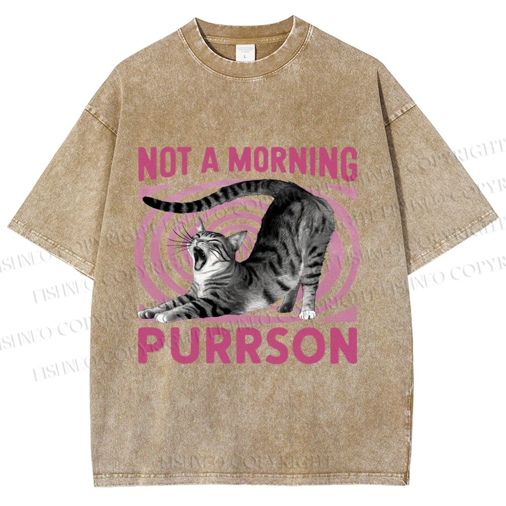 Unisex Lazy Cat Not A Morning Purrson Printed Washed Tee