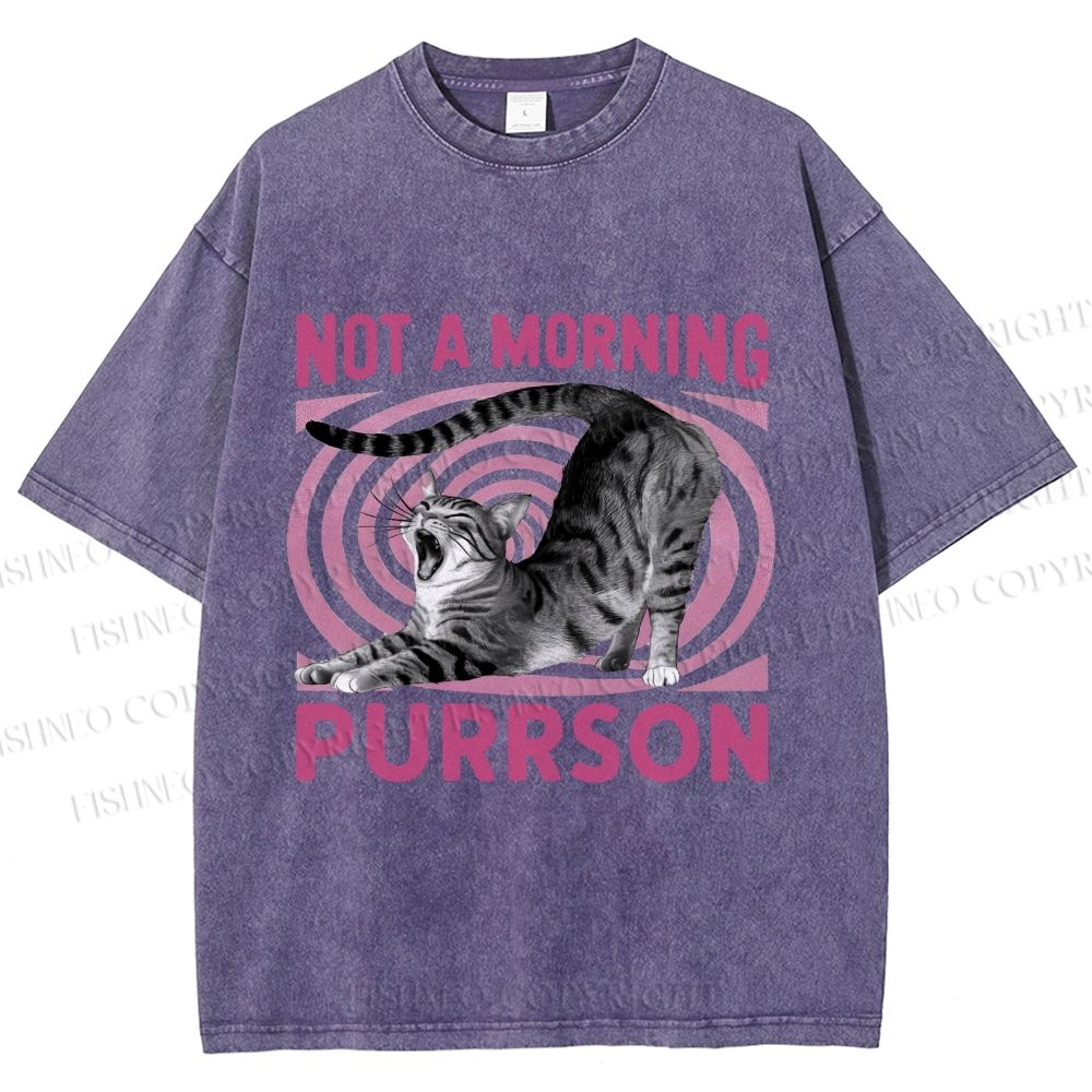 Unisex Lazy Cat Not A Morning Purrson Printed Washed Tee