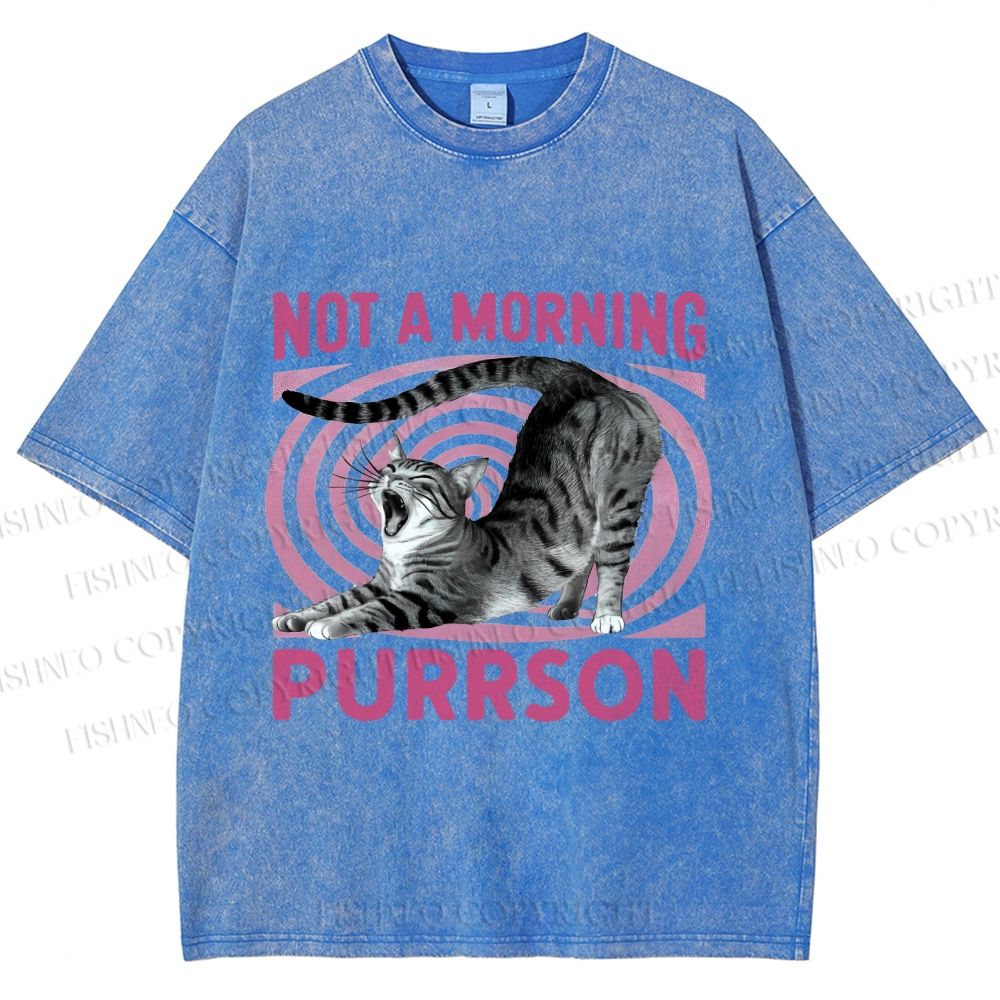 Unisex Lazy Cat Not A Morning Purrson Printed Washed Tee
