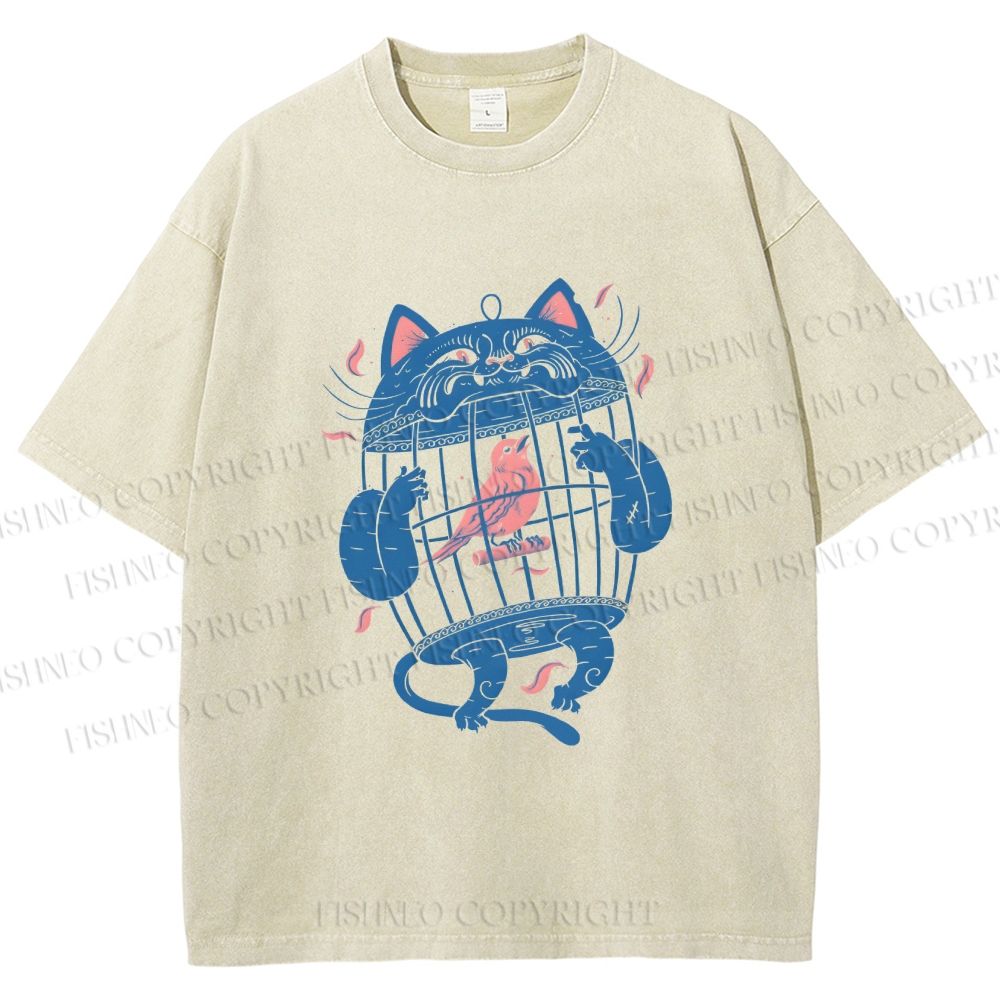 Unisex Bird In Cat Cage Printed Washed Tee
