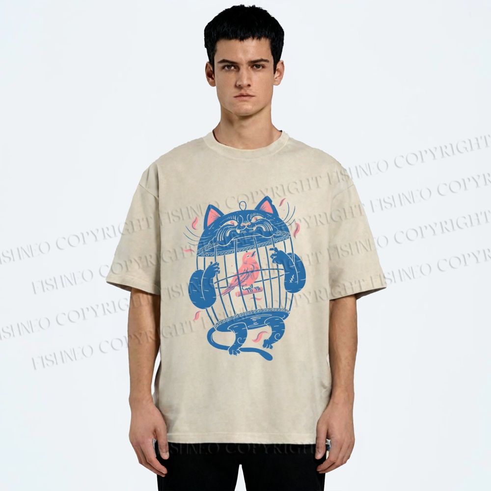 Unisex Bird In Cat Cage Printed Washed Tee