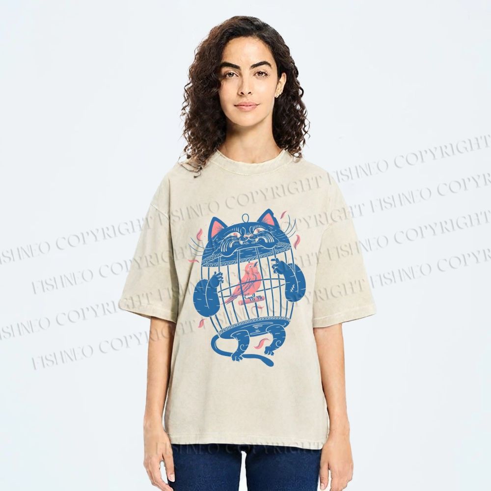 Unisex Bird In Cat Cage Printed Washed Tee