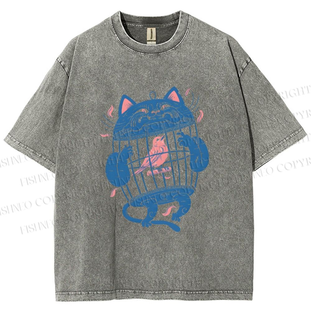 Unisex Bird In Cat Cage Printed Washed Tee