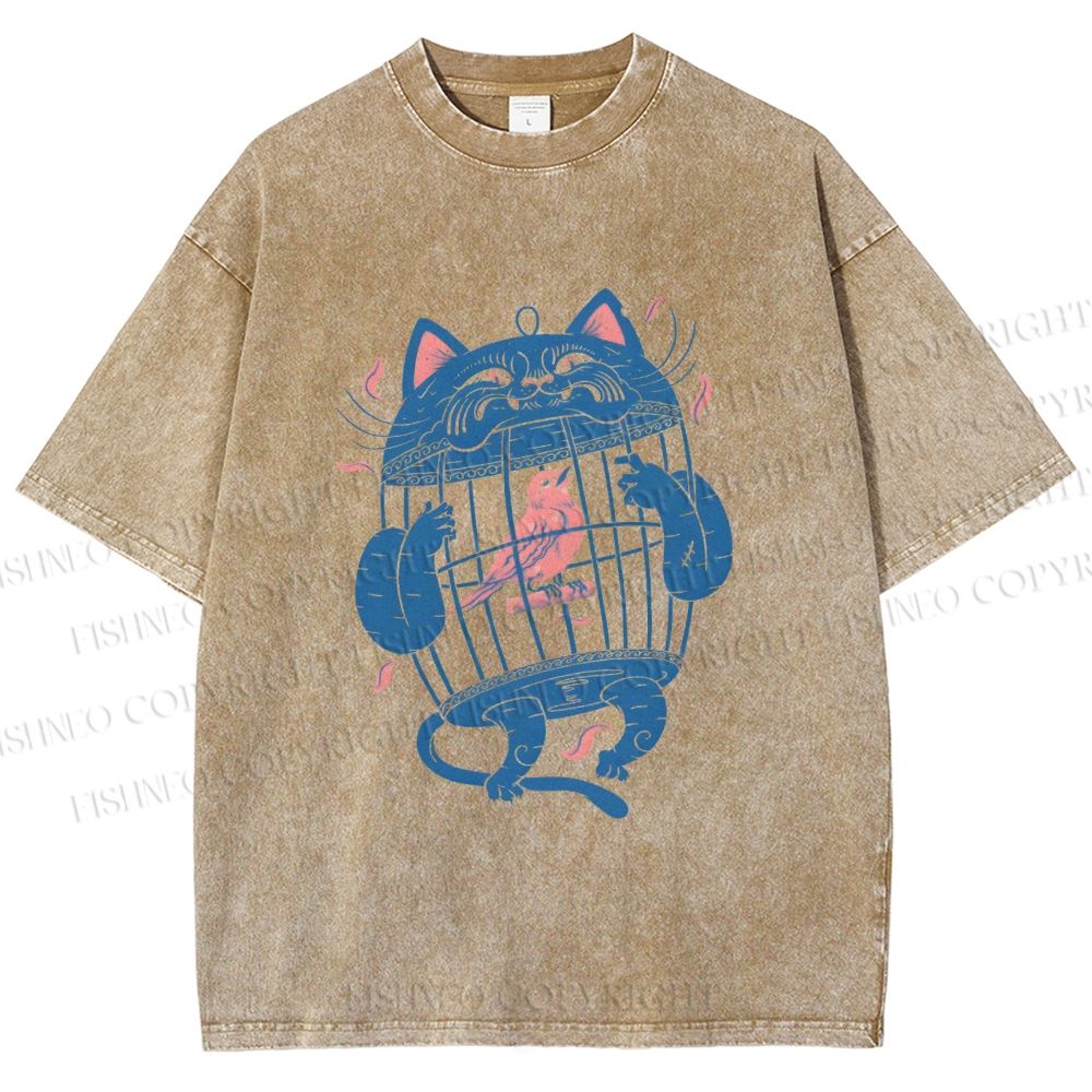 Unisex Bird In Cat Cage Printed Washed Tee