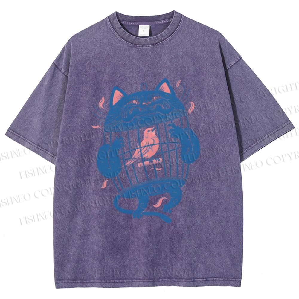 Unisex Bird In Cat Cage Printed Washed Tee
