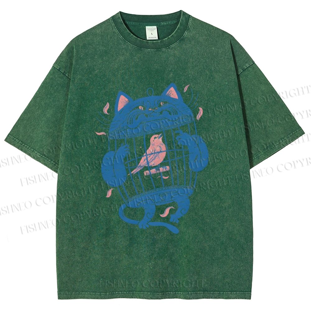 Unisex Bird In Cat Cage Printed Washed Tee