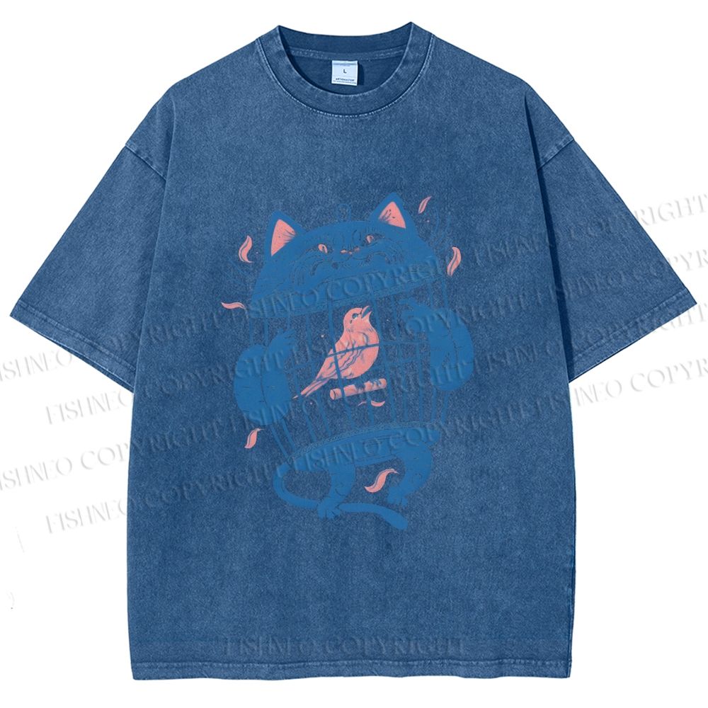 Unisex Bird In Cat Cage Printed Washed Tee