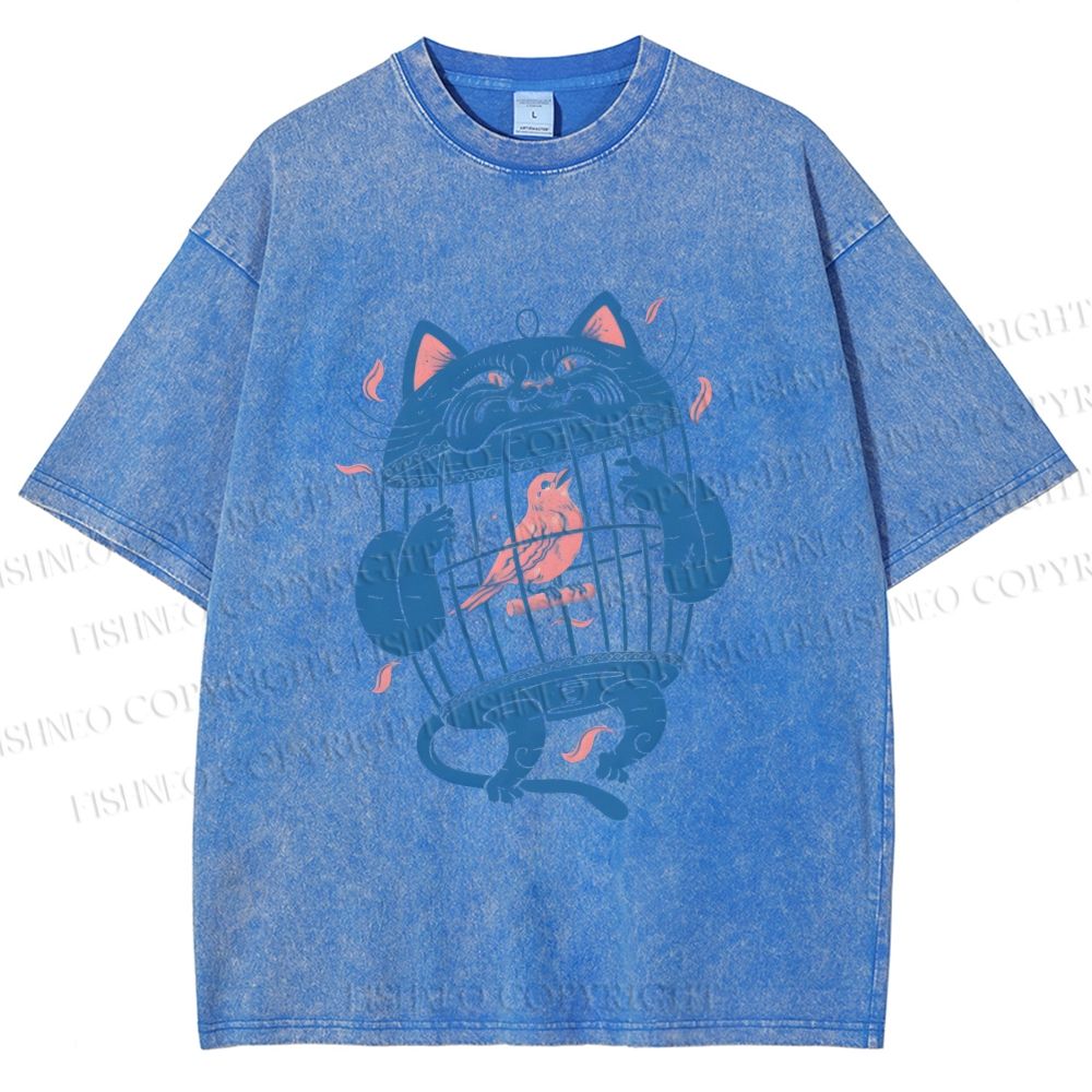 Unisex Bird In Cat Cage Printed Washed Tee
